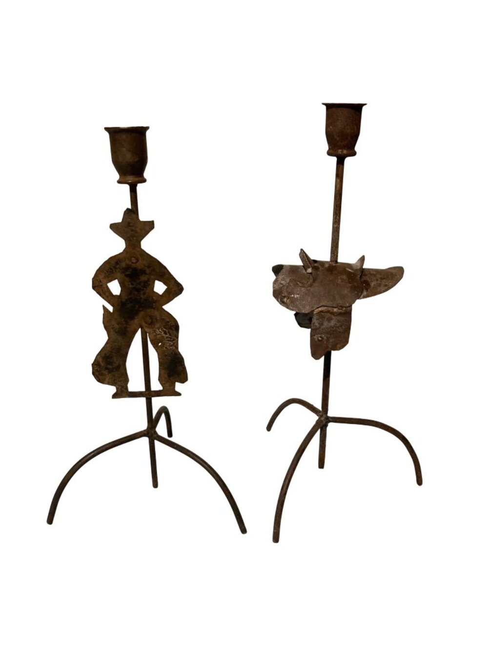Pair Of Chippy Rusty Western Cowboy And Saddle Metal Candle Holders